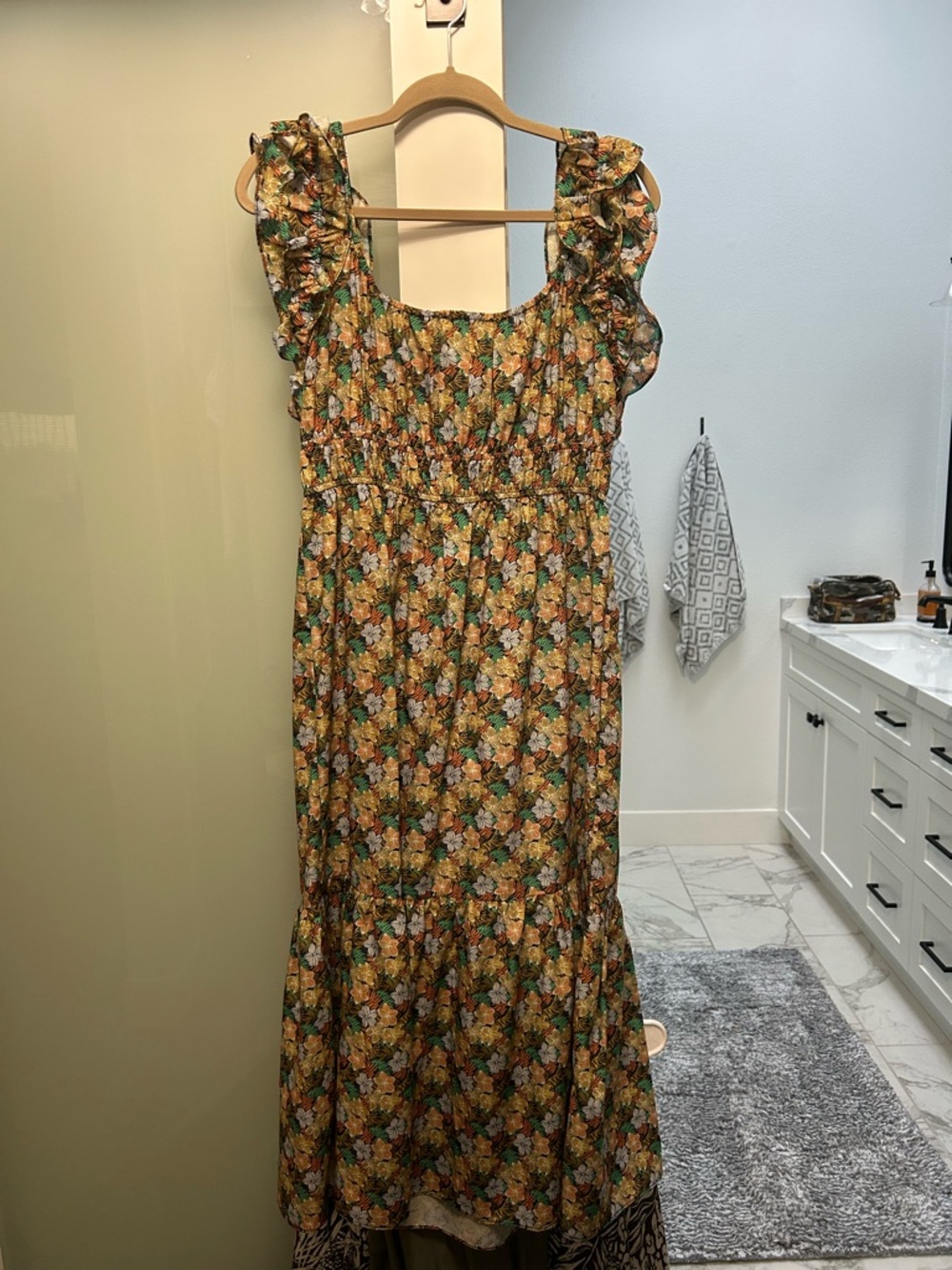 Lush A-lined Floral Smocked Maxi Dress in Mustard & Green